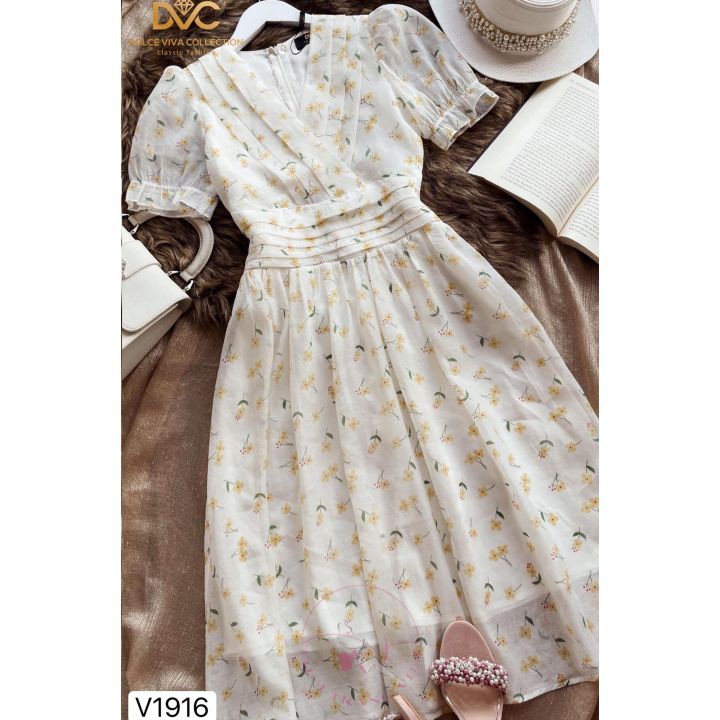 Váy xòe hoa nhí kiểu cổ đổ đai eo xếp ly tay bồng sang trọng V1916