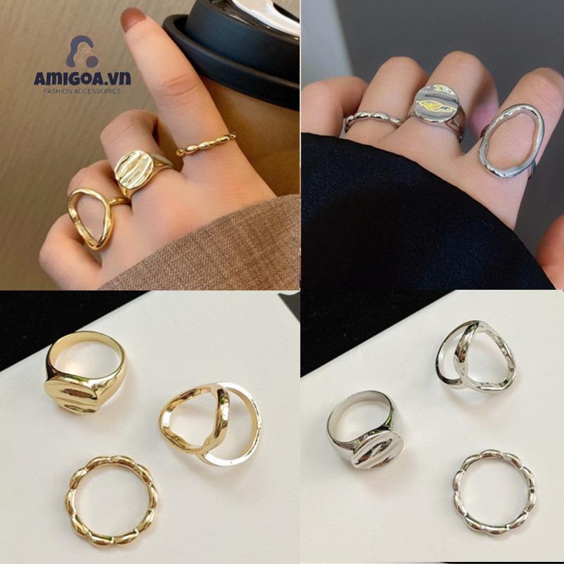 ✨✨Nhẫn Ba Món Thiết Kế Rỗng Kiểu Hình Học Rỗng Dành Cho Nữ