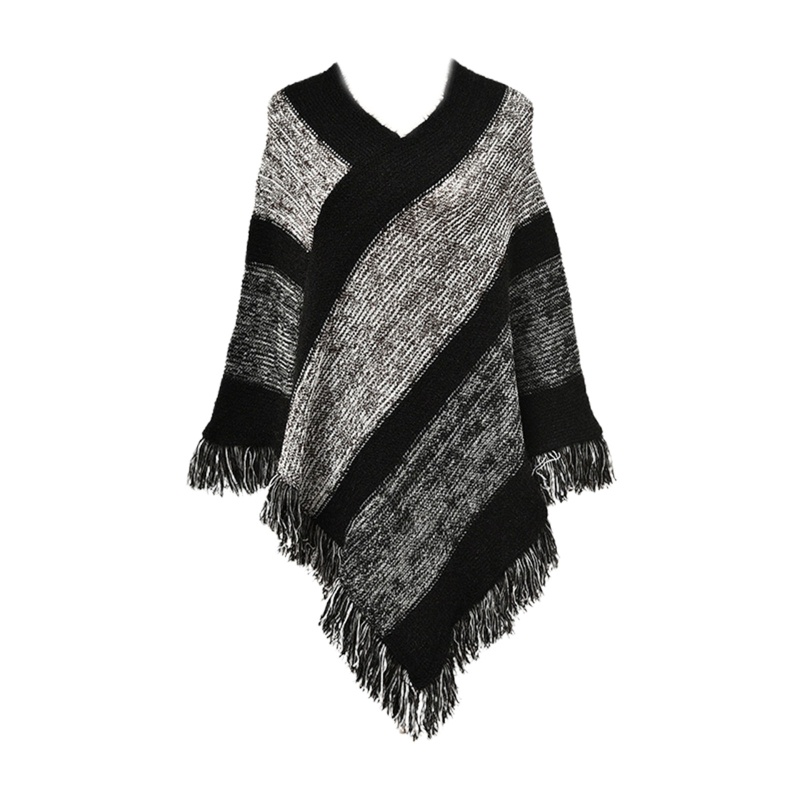 Áo choàng len Pashmina chui đầu cổ chữ V viền tua rua kẻ sọc màu sắc phong cách dân tộc thời trang mùa đông cho nữ
 | BigBuy360 - bigbuy360.vn