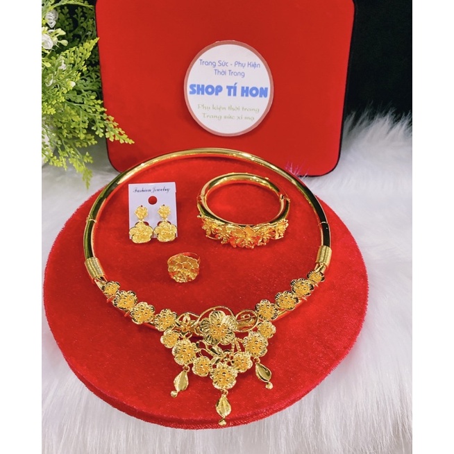 Set bộ trang sức cưới cô dâu chạm hoa mai mạ vàng 24k 4 món cao cấp mẫu mới về cực đẹp cực sang ( mẫu tiệm vàng )