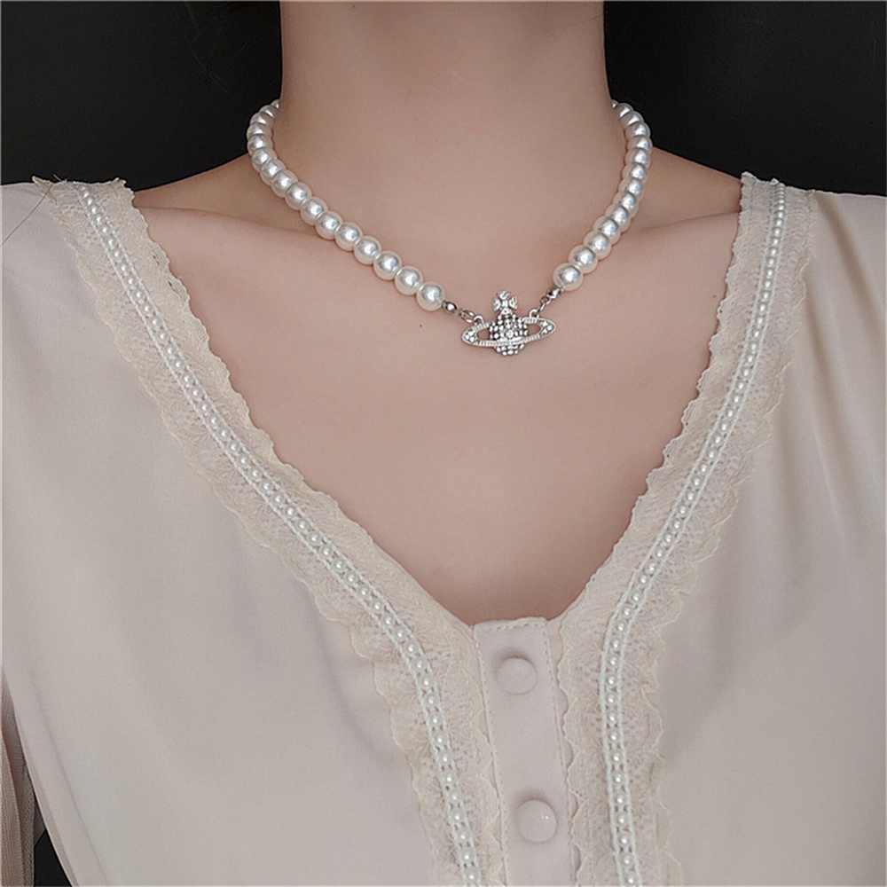 Rhinestone Saturn Planet Pendant Necklace White Imitation Pearl Chain Choker for Women Fashion Clavicle Chain Jewelry Gifts
