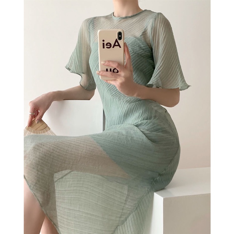 Đầm, váy nữ dáng dài 2 lớp tay ngắn xếp ly màu xanh bạc hà thời trang mùa hè mới nhất VDA1