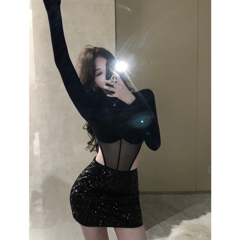 Áo Dệt Kim Tay Dài/Chân Váy Lưng Cao Đính Kim Sa Quyến Rũ Thời Trang Cho Nữ