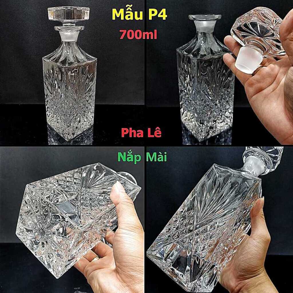 Vỏ Chai Đựng Rượu Đẹp 700ML pha lê mẫu vuông cao hoa văn nổi – Bình Pha Lê Đựng Rượu nắp mài nguyên khối