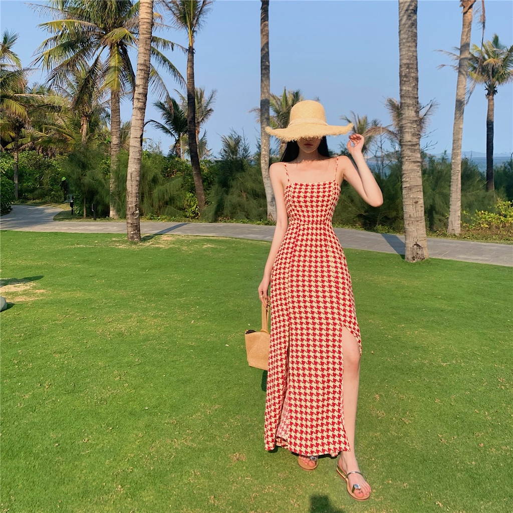 Đầm hai dây IELGY in họa tiết sọc caro phong cách Pháp thời trang mùa hè 2022 dành cho nữ