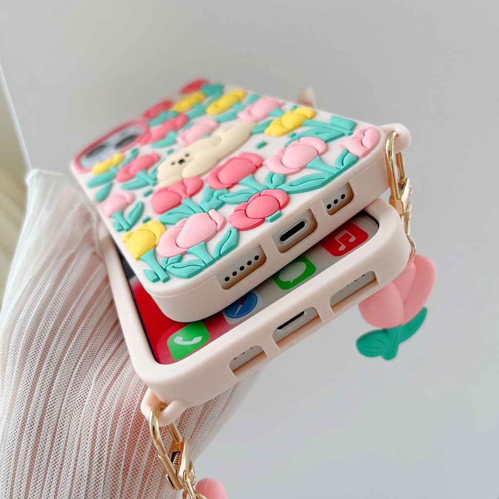 Ốp Điện Thoại Silicon Tpu Mềm Hình Gấu Hoa Tulip 3D Chống Sốc Chống Rơi Cho iPhone 11 12 13 Pro Xs Max X XR