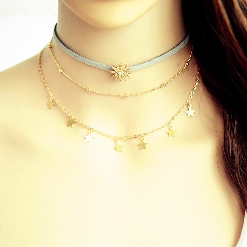 Vòng cổ choker 3 tầng mặt hình ngôi sao và mặt trời độc đáo