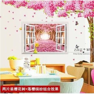 Decal dán tường Combo Cây tình yêu + khung cửa hoa đào