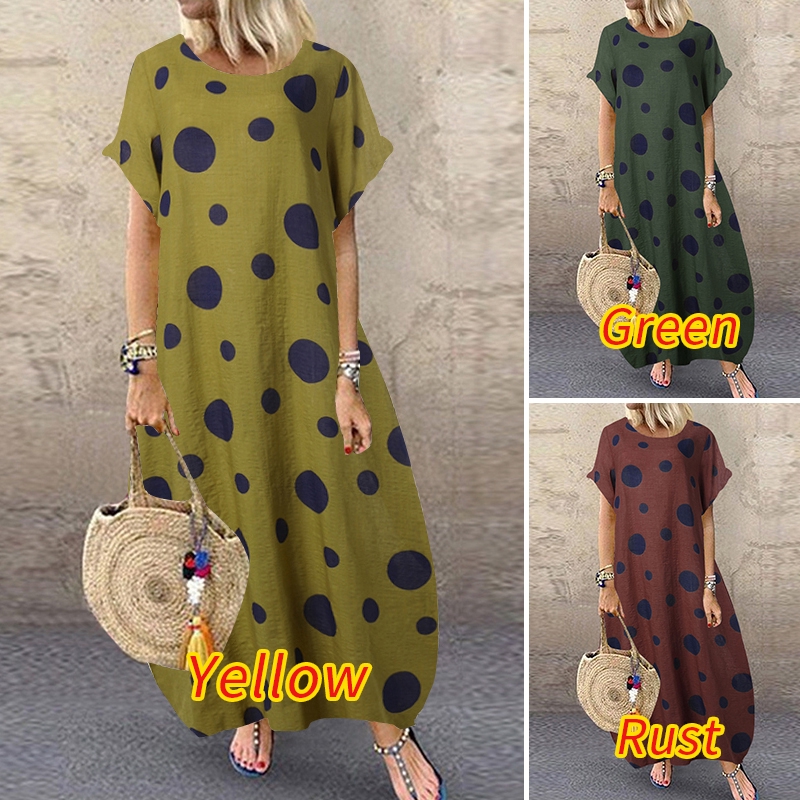 ZANZEA  Đầm Maxi Họa Tiết Chấm Bi Phong Cách Retro