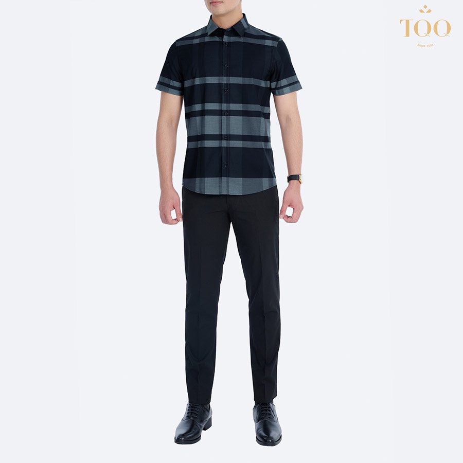 Áo sơ mi ngắn tay dáng slimfit TQQ K447CSC kẻ ghi sang trọng chất vải thoáng mát hạn chế nhăn