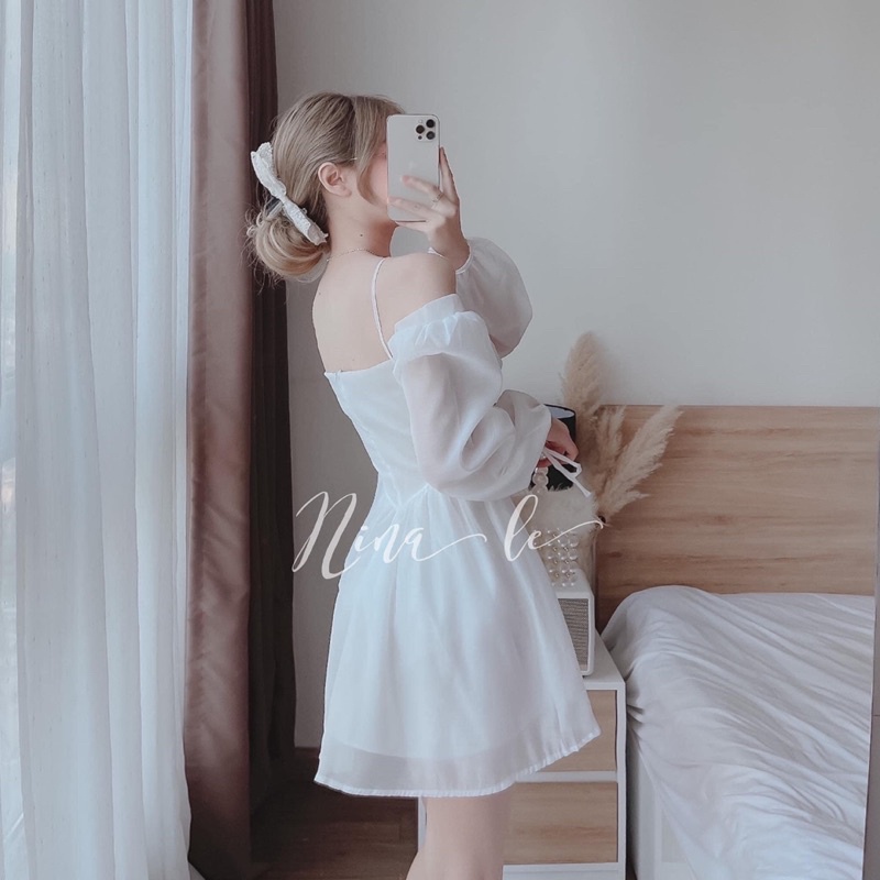 Váy đầm nữ cúp ngực 2 dây trễ vai dài tay nơ siêu xinh váy trắng | BigBuy360 - bigbuy360.vn