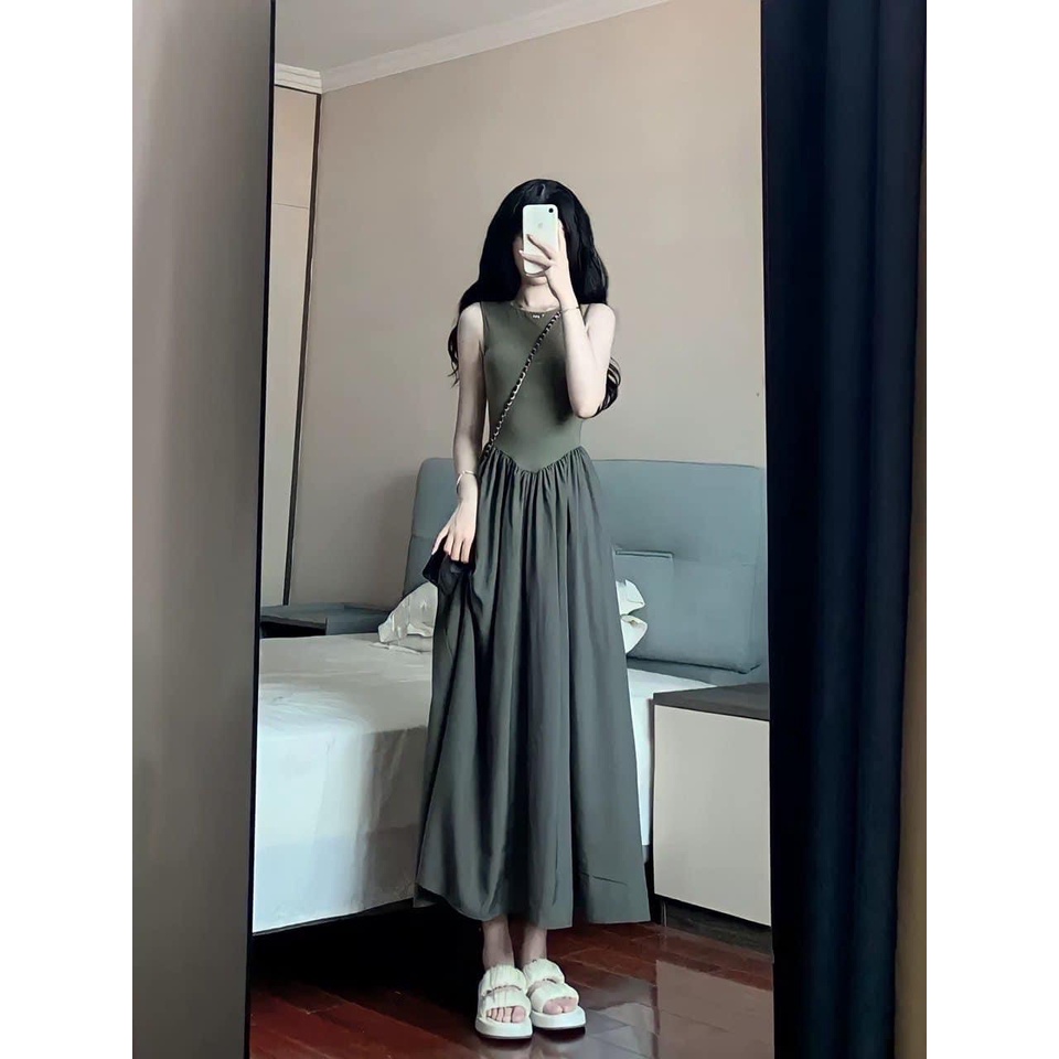 Đầm dạo phố xinh xắn dáng dài chất thun gân phối kate  mịn