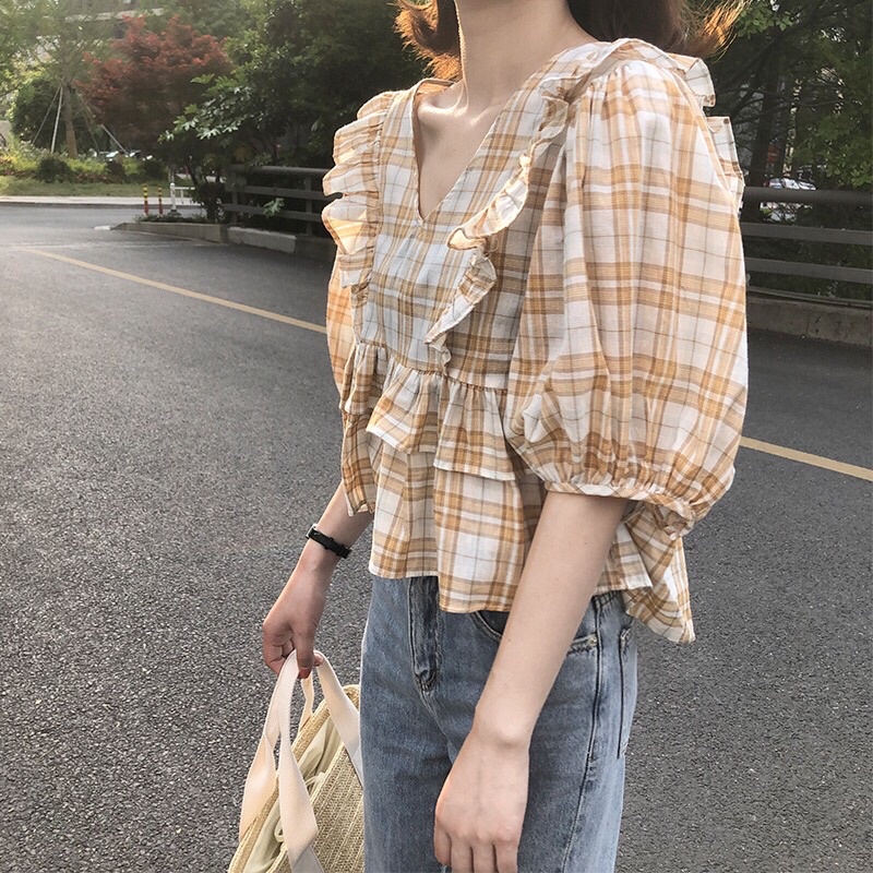 Áo Nữ PETRICHOR Dáng Baby Doll Kẻ Caro Xinh Xắn Nhẹ Nhàng Bánh Bèo
