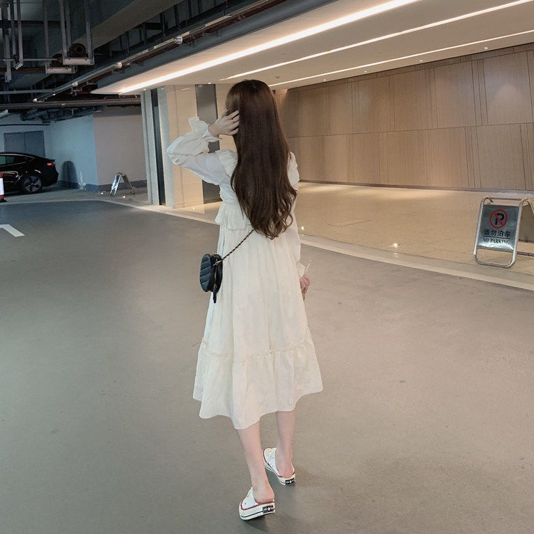 Đầm Tay Dài Cổ Chữ V Phối Bèo Thiết Kế Mới Thời Trang Mùa Thu Dành Cho Nữ