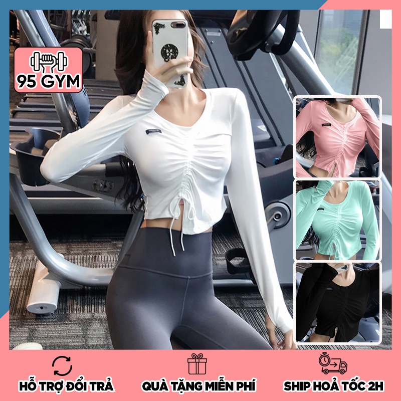 Áo tập gym yoga nữ dài tay dáng croptop thể thao AD20 có dây rút bên eo chất thun mềm mịn