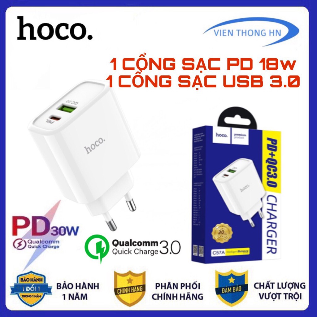 Củ sạc nhanh 2 cổng hoco c57a -  cốc sạc nhanh pd 18w qc 3.0 chống cháy nổ hoco c57a - vienthonghn