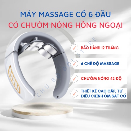 Máy massage cổ vai gáy cao cấp, CÓ CHƯỜM NÓNG 42 độ C - 6 đầu tiếp xúc, 6 chế độ mat xa, 9 cường độ