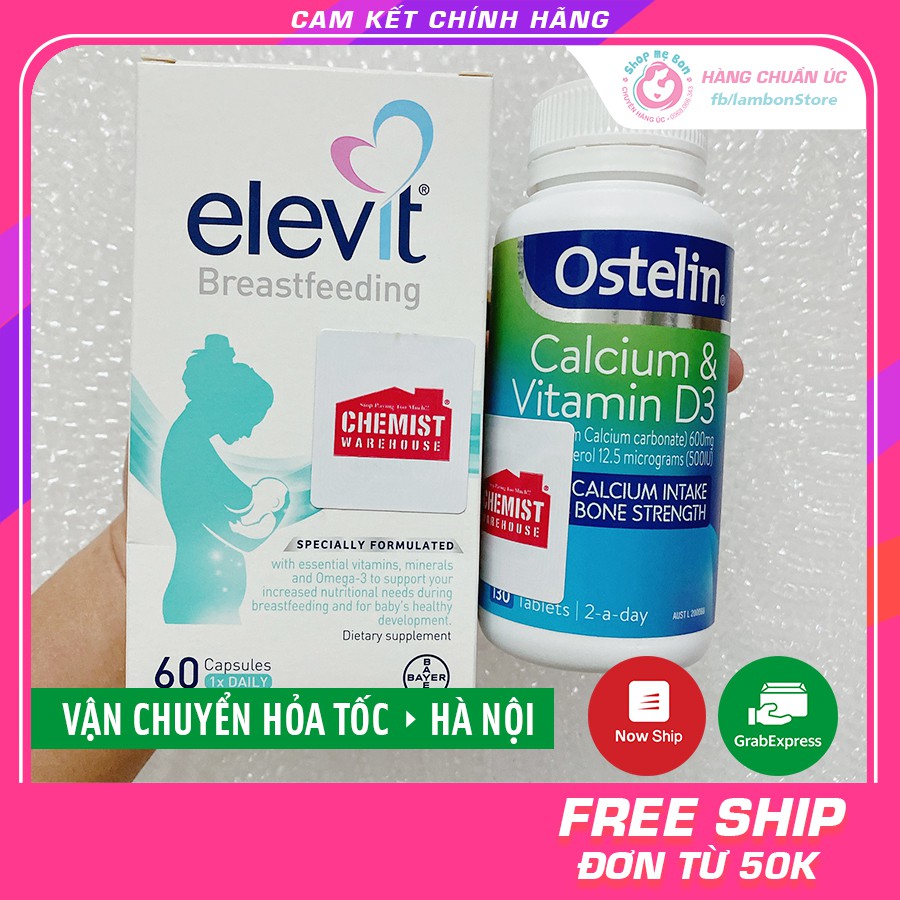 Có Tem CHEMIST COMBO SAU SINH - Elevit sau sinh 60 viên, Canxi Ostelin 130