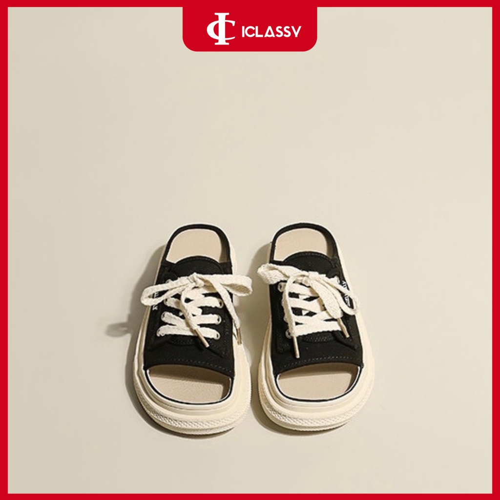 Sục Thể Thao Ulzzang Vintage, Giày Đạp Gót Caro Hở Mũi Chân Chất Liệu Vải Canvas Đế Độn 3cm, Hàn Quốc - Iclassy_shoes