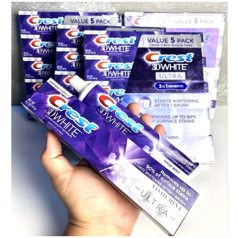 Kem Đánh Răng Crest 3D White Ultra Vivid Mint tuýp 147g Mỹ [Trắng Răng,Thơm Mát]