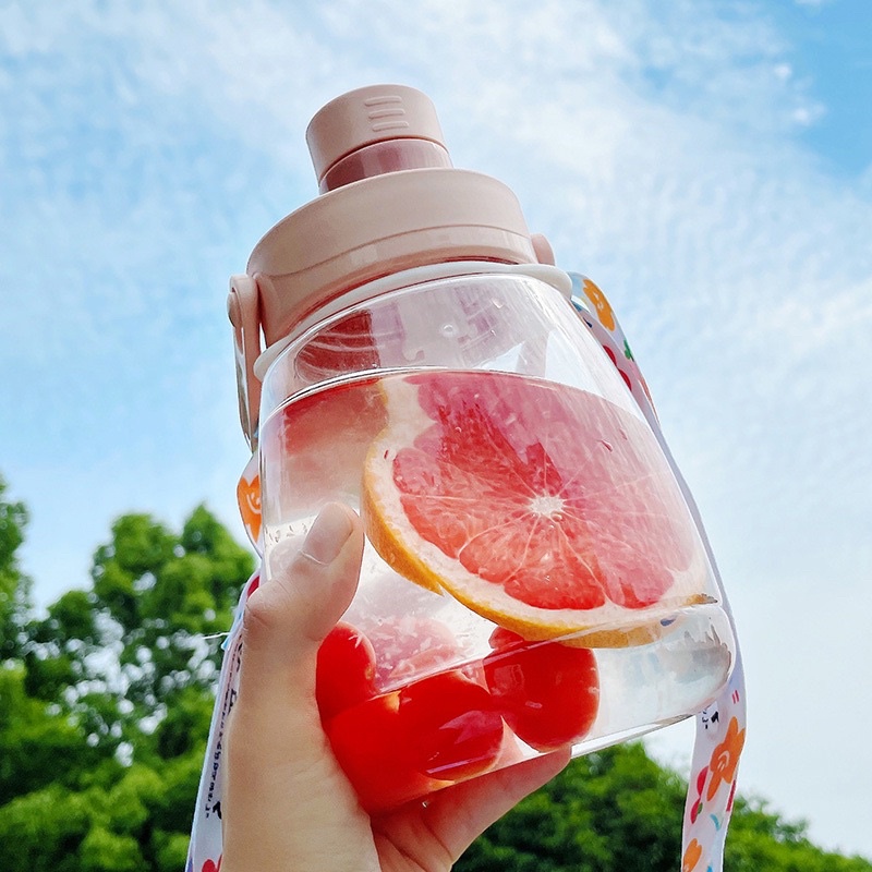 Bình Nước 1100ML , 1L Tặng Dây Đeo, Sticker 2D 3D, Có Ống Hút,Kute, Chống Rơi Vỡ