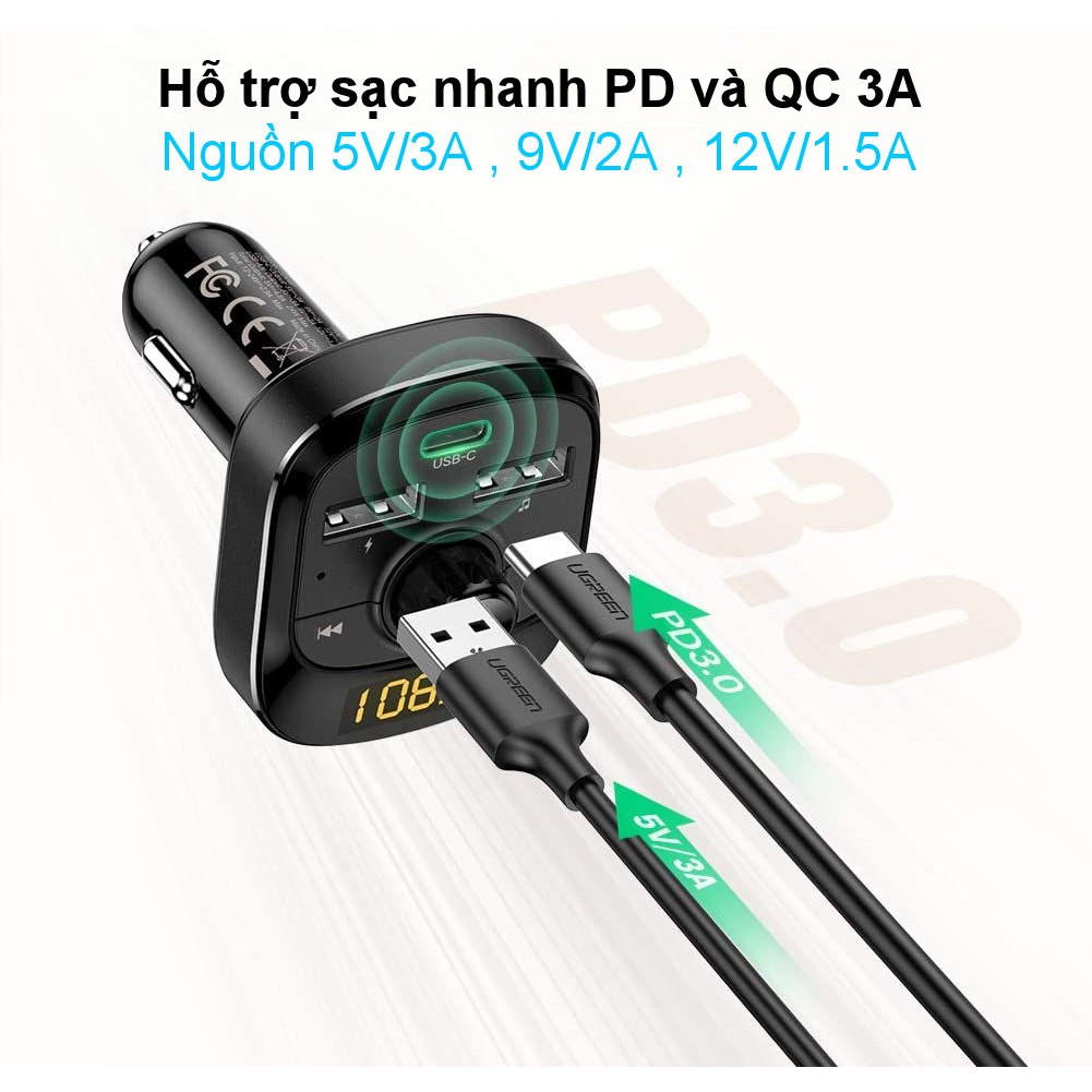 Sạc ô tô đa năng UGREEN ED040 70717 Phát FM, Bluetooth 5.0, sạc nhanh PD, cổng USB 2.0, đọc thẻ TF, có đèn LED