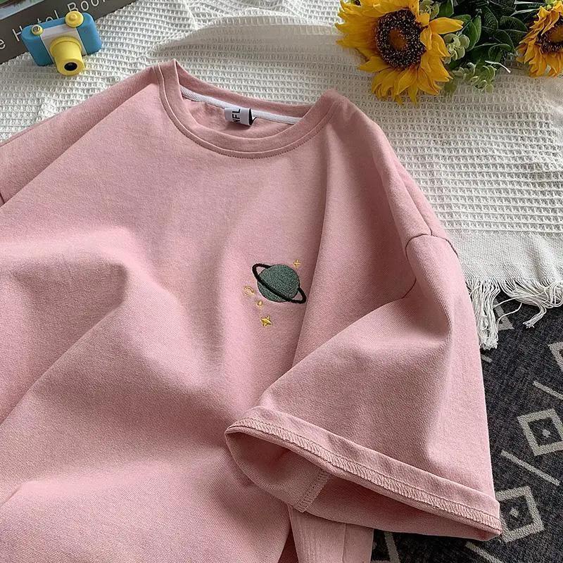 Áo Thun Tay Ngắn Dáng Rộng Thêu Hình Hành Tinh Kiểu Nhật Bản Thời Trang Mùa Hè 2022 Cho Nữ