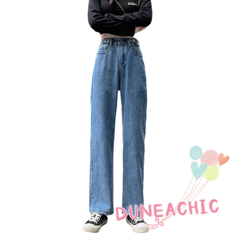 DUNEA Quần Jean Dài Lưng Cao Ống Rộng Thời Trang Cá Tính Cho Nữ