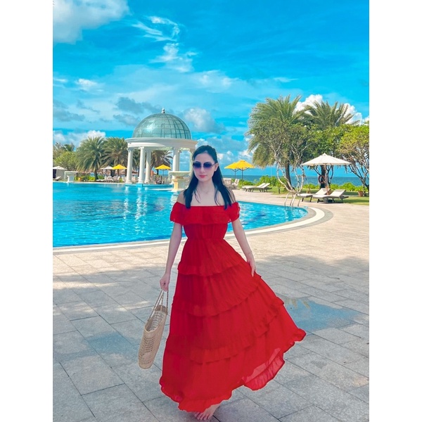 ❌Sale xã kho❌ chủ Đầm maxi trễ vai 5 tầng nhún thun eo đi biển du lịch 3 màu