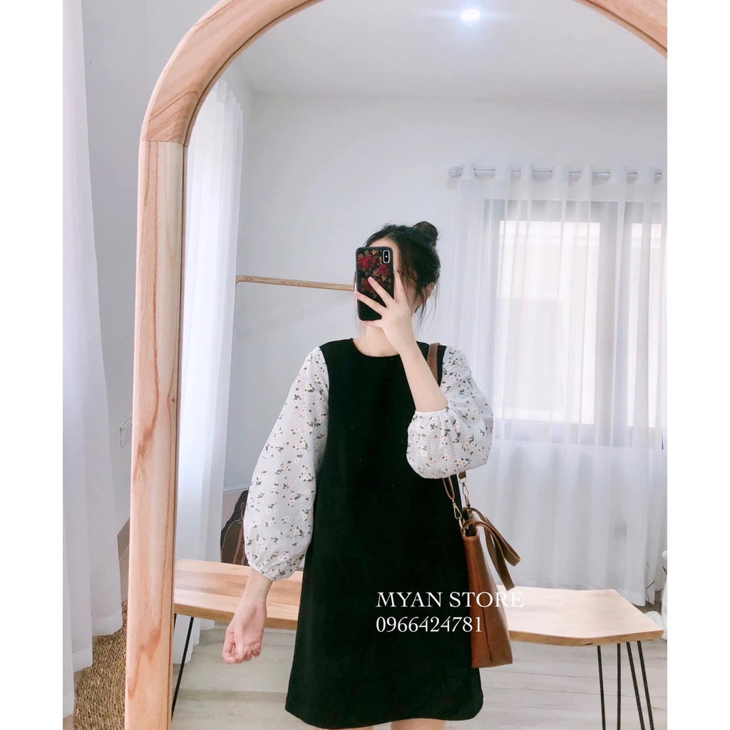 Váy đen phối tay thô hoa nhí