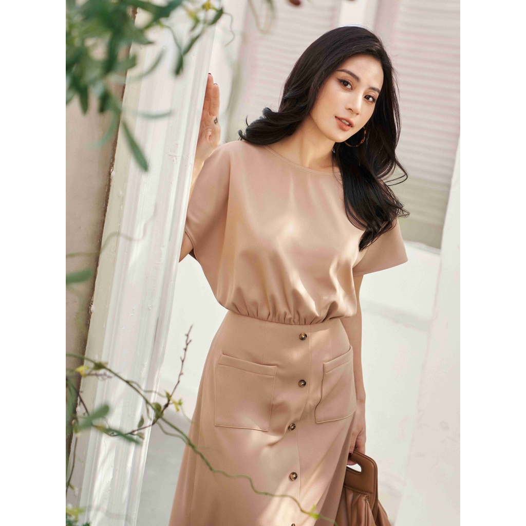 Oyster and Snail - Váy công sở, dạo phố - Sonia, nâu be, dáng chiết eo cánh dơi phần trên - 0602