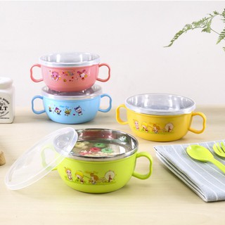 Bát/Chén ăn dặm bằng inox cách nhiệt có tay cầm kèm thìa/muỗng và nĩa cho bé