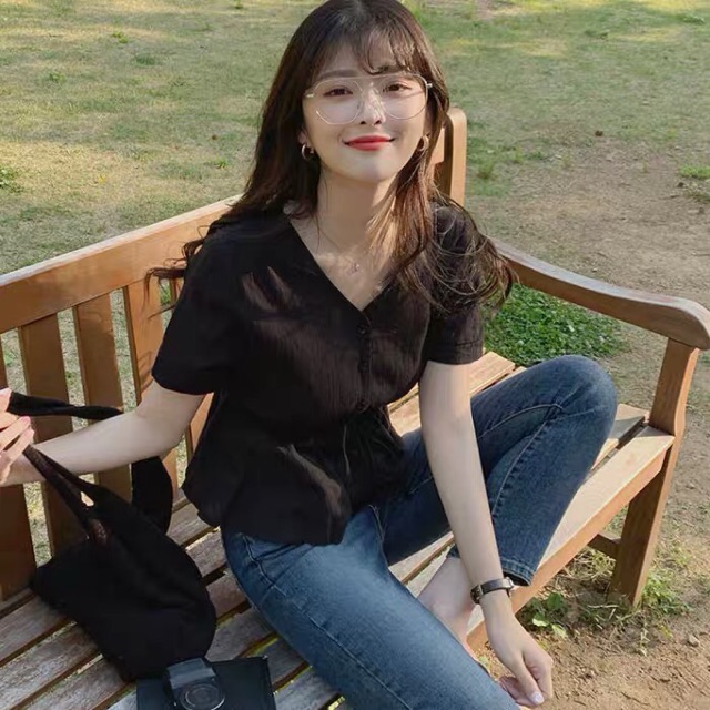 Áo sơ mi thắt eo cổ V chic ulzzang ẢNH THẬT Ở CUỐI