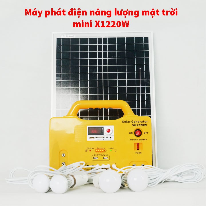 Máy phát điện năng lượng mặt trời mini X-1220 tặng kèm 4 bóng đèn (2 bóng 3W 2 bóng 5W dây dài 5m) bảo hành 12 tháng