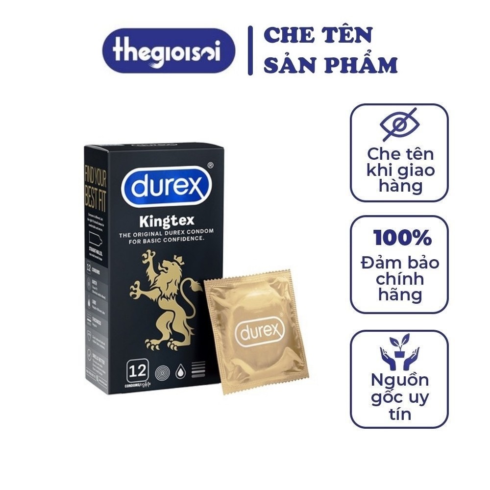 Bao cao su Durex Kingtex 1 hộp 12 bcs siêu mỏng không mùi nhiều gel bôi trơn có che tên sản phẩm - thegioisoi