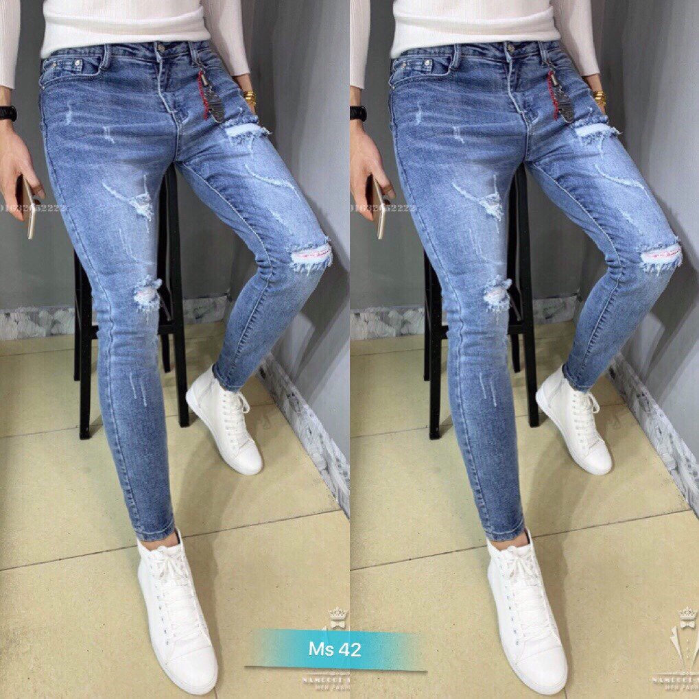 Quần Jean Nam jeans nam rách gối jeans nam body quần jeans nam xước Wash fashionteengroup MS 42