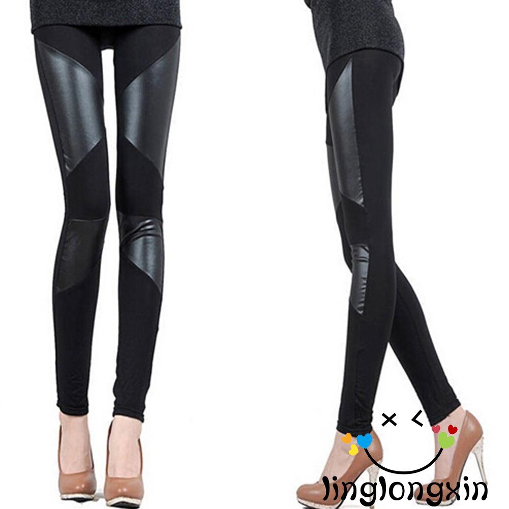 Quần Leggings phối da bóng độc đáo thời trang