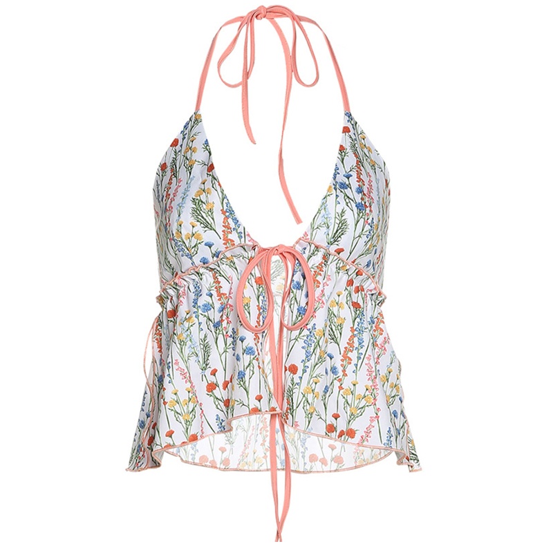 Brroa Áo Crop Top Hai Dây Cổ Chữ V Hở Lưng Họa Tiết Hoa Nhiều Màu Sắc Viền Ren Xẻ Tà Gợi Cảm Đi Biển Cho Nữ