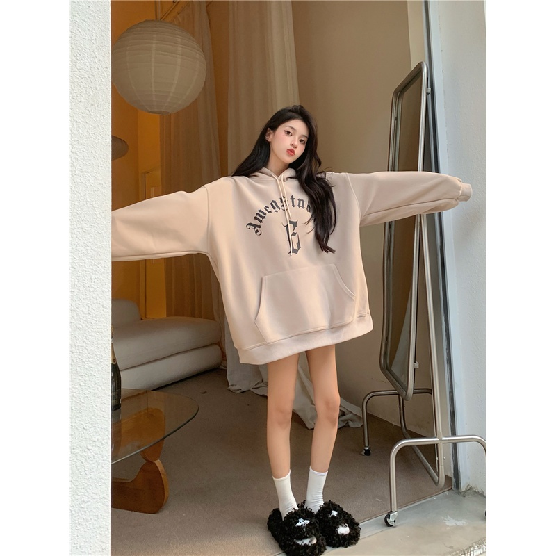 Áo khoác có mũ trùm đầu dài tay dáng rộng phong cách Mỹ thời trang dành cho nữ