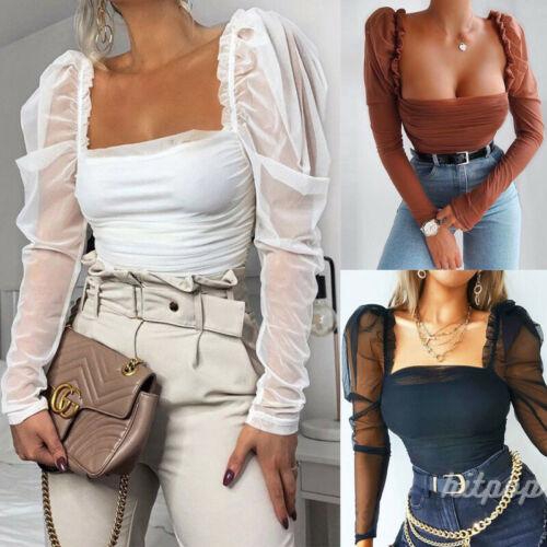 Áo Tay Phồng Cổ Vuông Phối Lưới Màu Sắc Đơn Giản Thời Trang Cho Nữ