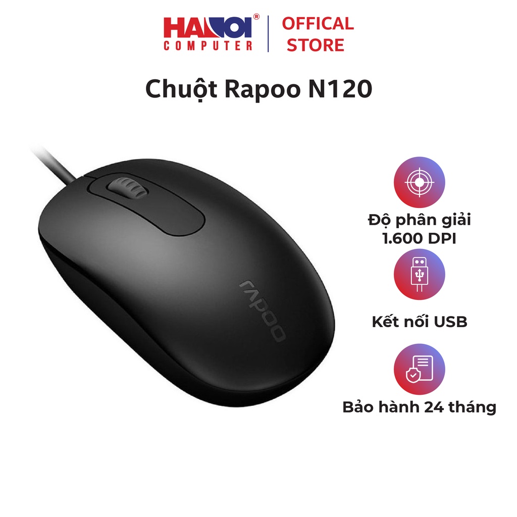 Chuột Rapoo N120 đen sử dụng cảm biến quang học hiện đại công nghệ mới cho độ nhạy lên tới 1600dpi