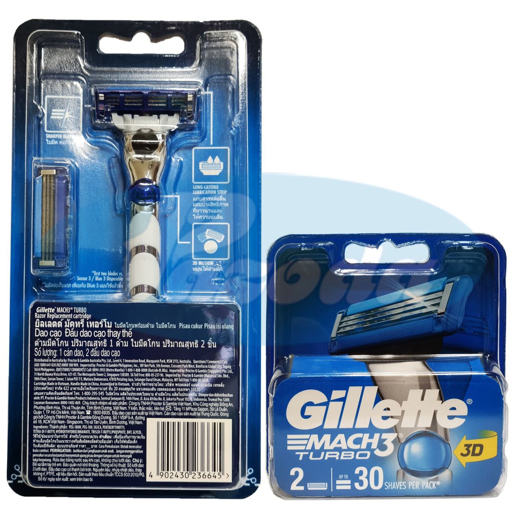 Combo dao cạo râu 3 lưỡi Gillette Mach 3 Turbo 3D (1 tay cầm và 4 đầu cạo)