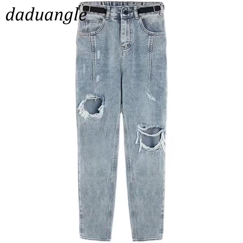 Quần jean Daduhey dáng rộng lưng cao kiểu rách thời trang phong cách Hàn Quốc cho nữ plus size