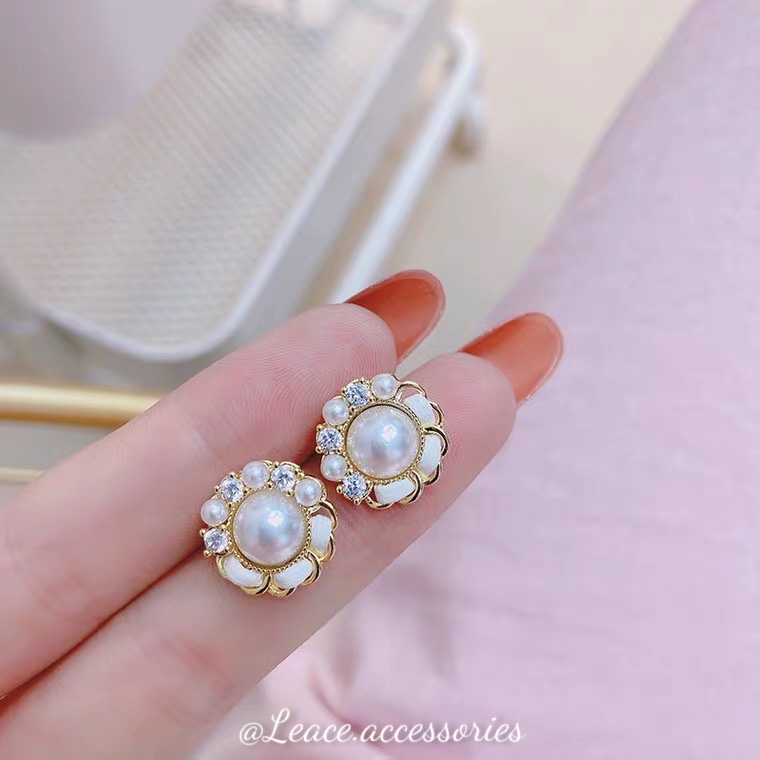 Bông tai khuyên tai ngọc phối viền mạ vàng hotgirl sang chảnh ER065 Leace.accessories