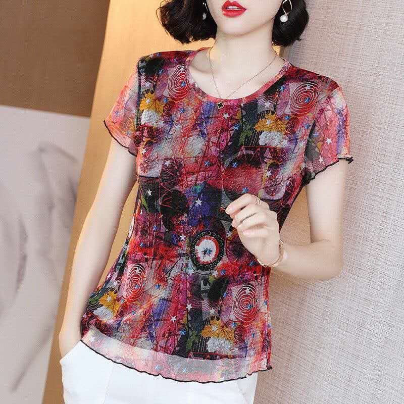 Áo Thun Dệt Kim Tay Ngắn Cổ Tròn Phối Ren Lưới Co Giãn Thời Trang Mùa Hè Cho Nữ Size L-5Xl 2 Kiểu