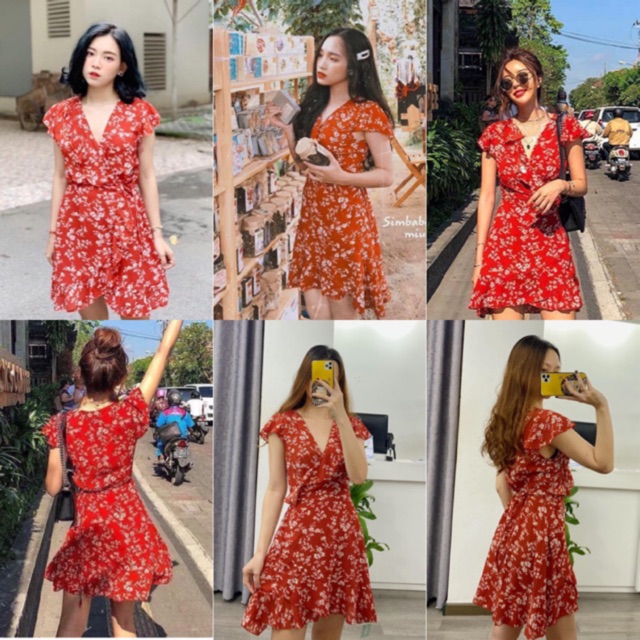 Đầm Đỏ Orla Dress chất voan hàng nhập quảng châu váy thiết kế hoạ tiết hoa vạt chéo cột ngay eo from chuẩn basic