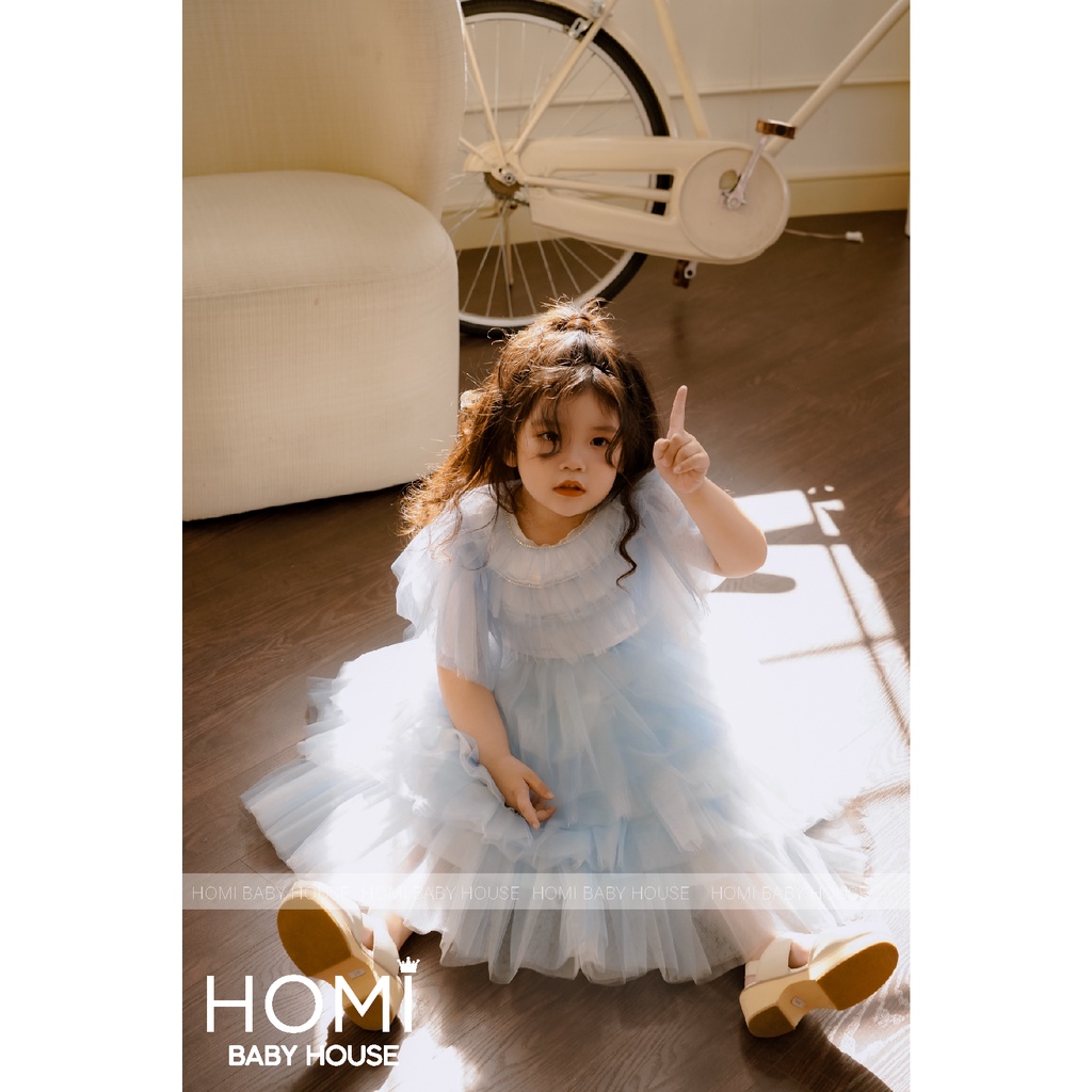Váy công chúa cho bé dự tiệc đầm công chúa Lucy xanh biển đầm tầng 3 viền đá cho bé gái HOMI BABY HOUSE
