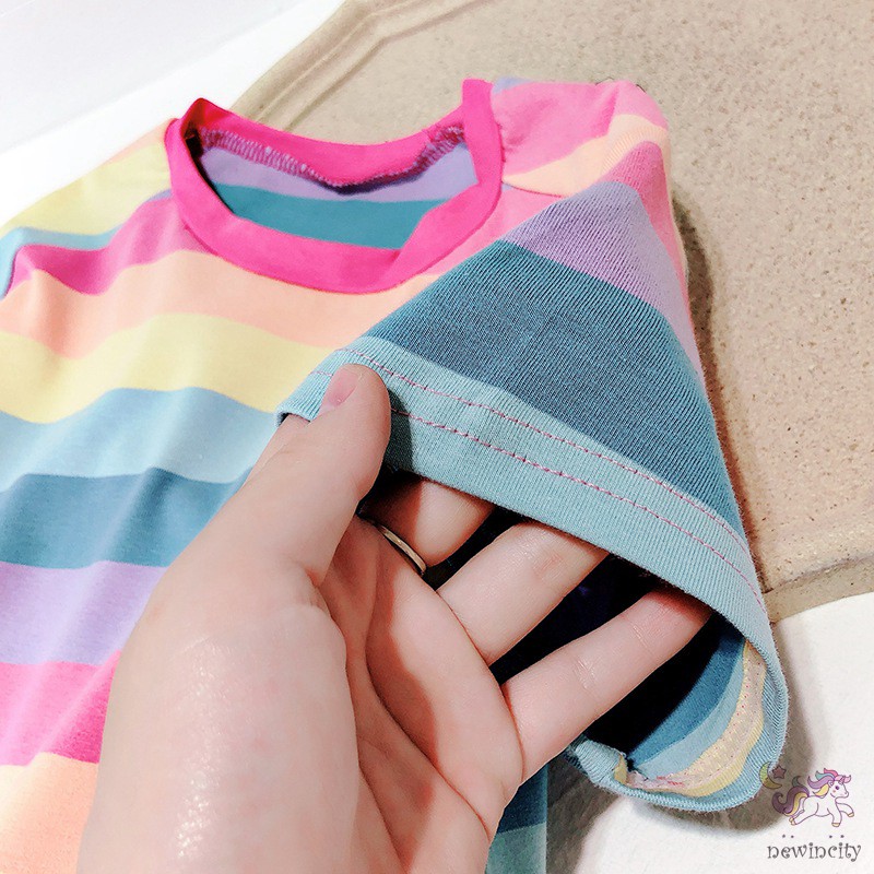 Đầm dáng suông họa tiết sọc cầu vồng thời trang xinh xắn năng động cho bé gái