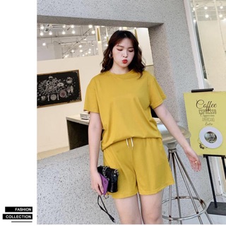 Set bộ mặc nhà short trơn màu vàng big size 65-100kg
