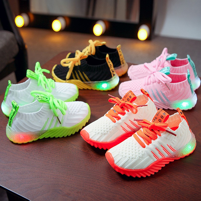 Mesh Knitted Shoes Kids Toddler White Casual Led Shoes Boy Girl Candy Color Sport Sneaker Shoes Light Up Black